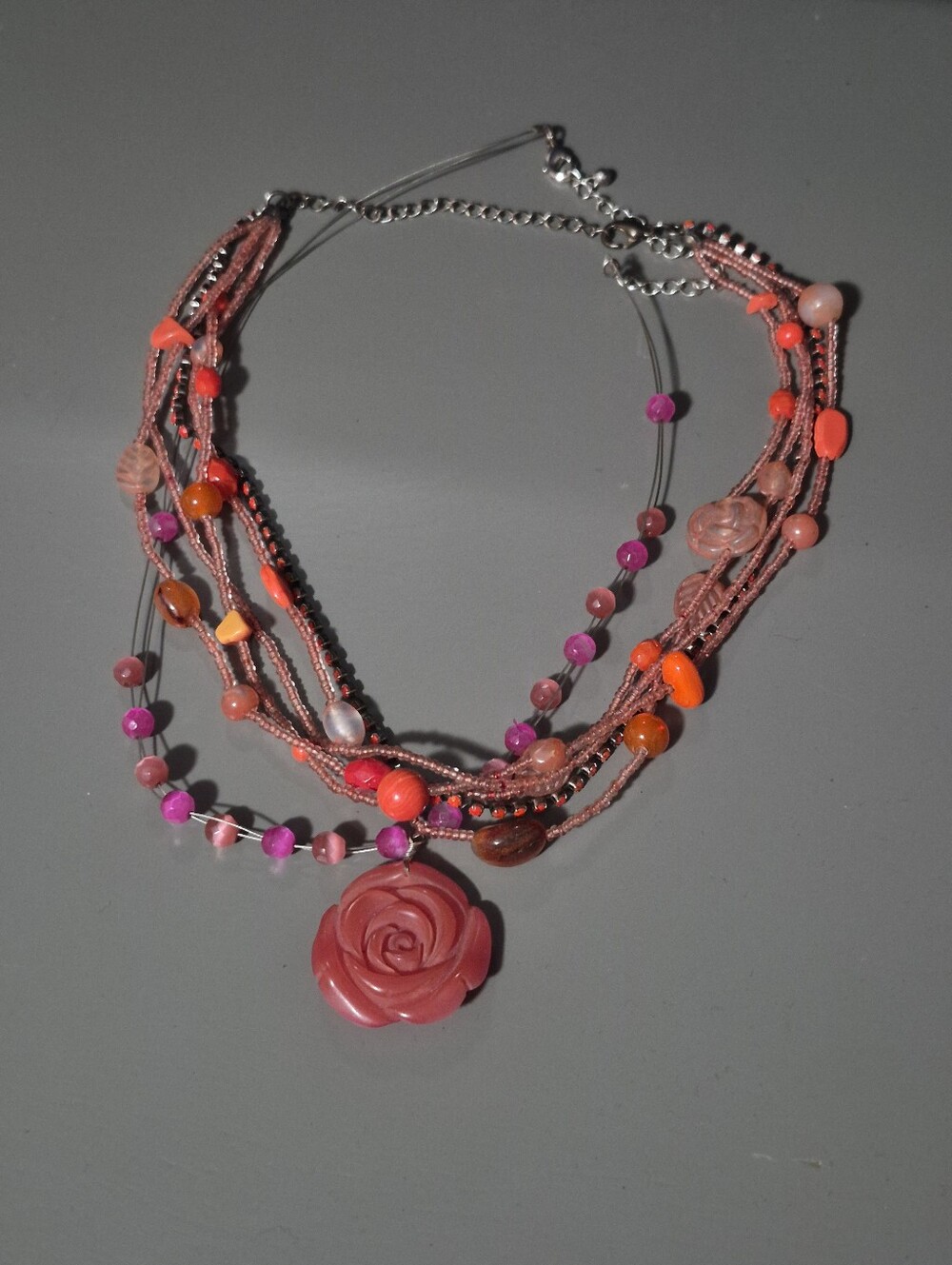 Multi-Strand Pink Rose Pendant Necklace - Women Jewelry - Picture 2 of 4